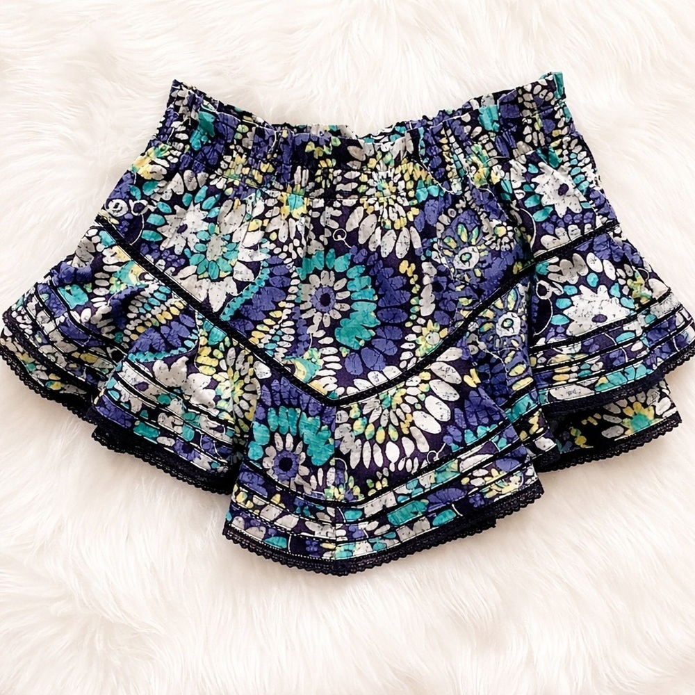 Aerie Boho Floral Ruffle Shorts Blue Teal Elastic Waist
